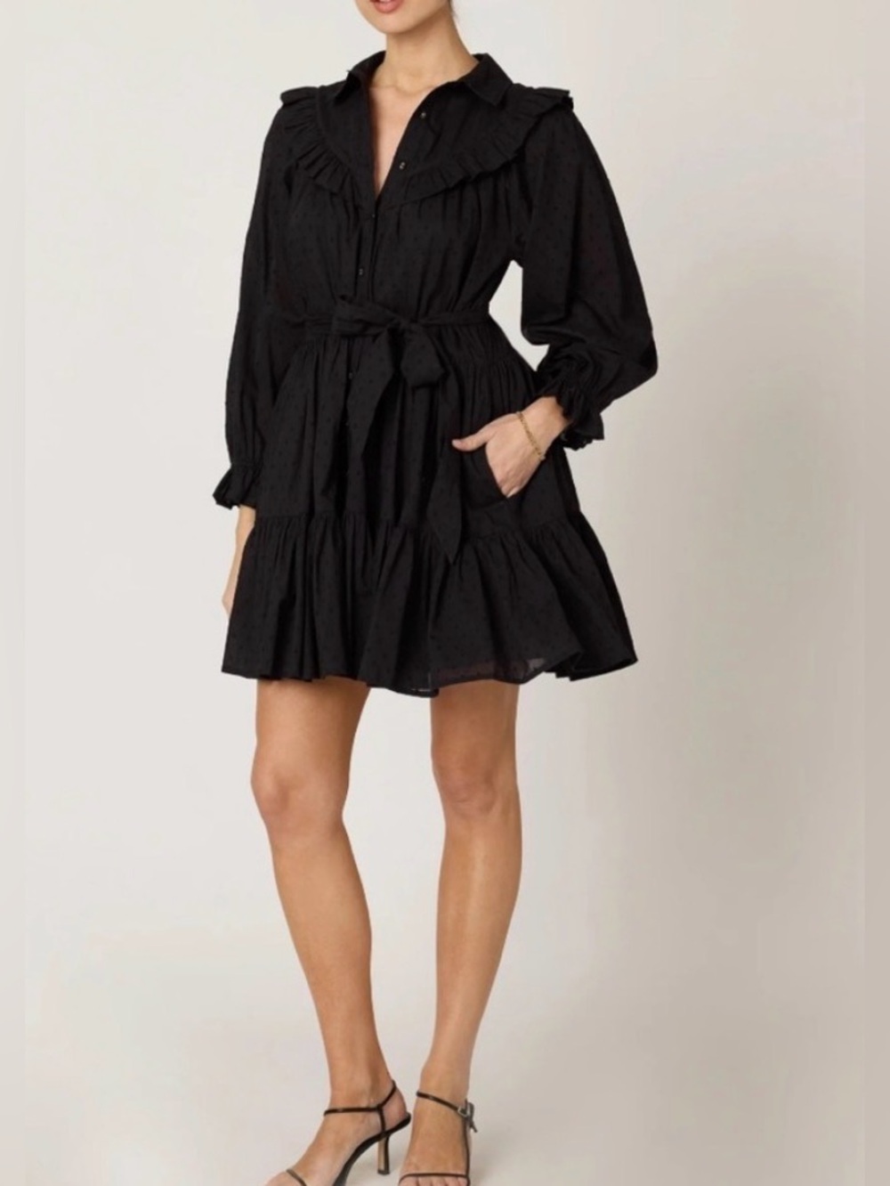 Cleobella Black Ruffle-Trim Tie-Waist Mini Lotte Dress NWTs $248